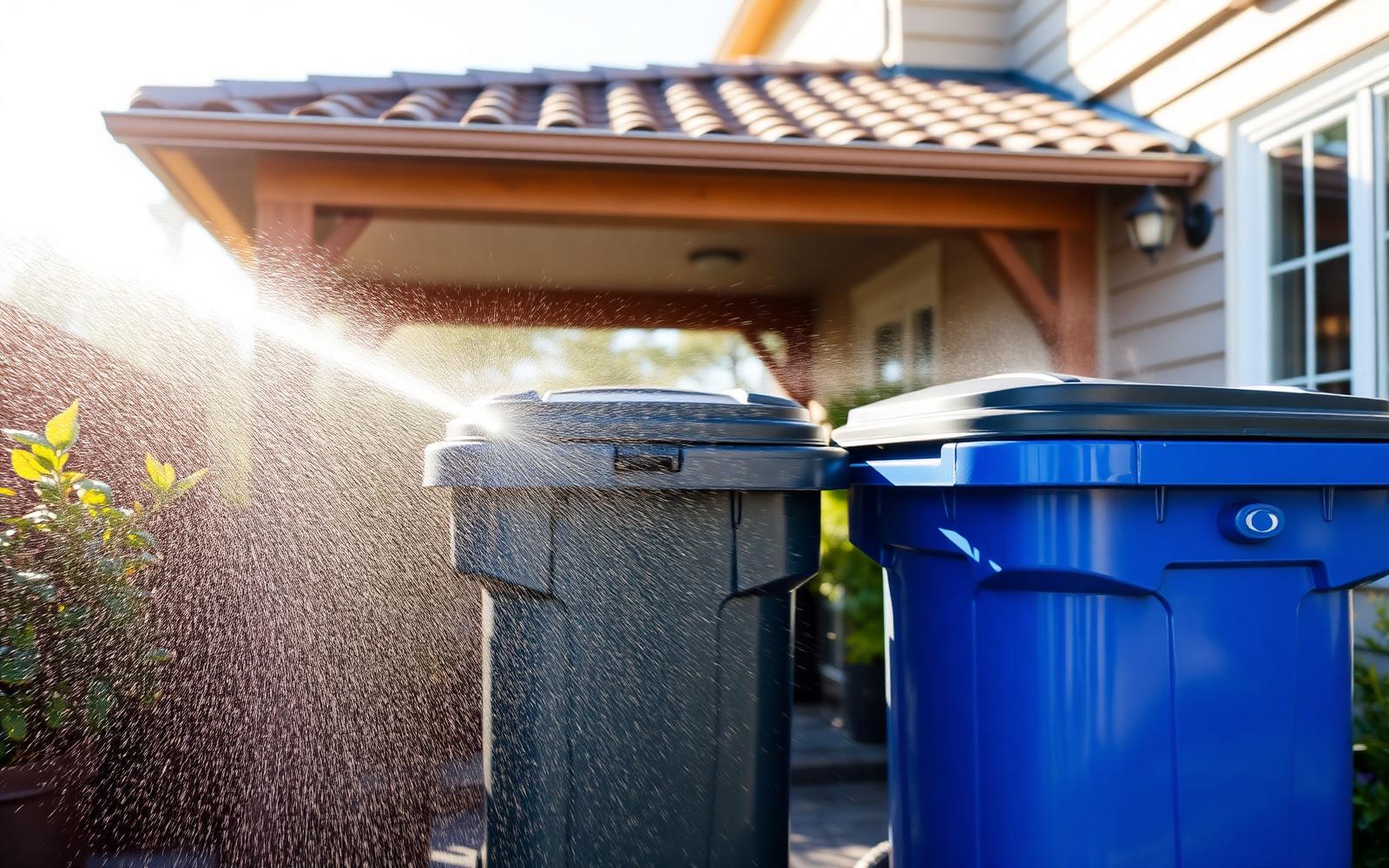 Freshly rinsed trash cans sparkling in the sun